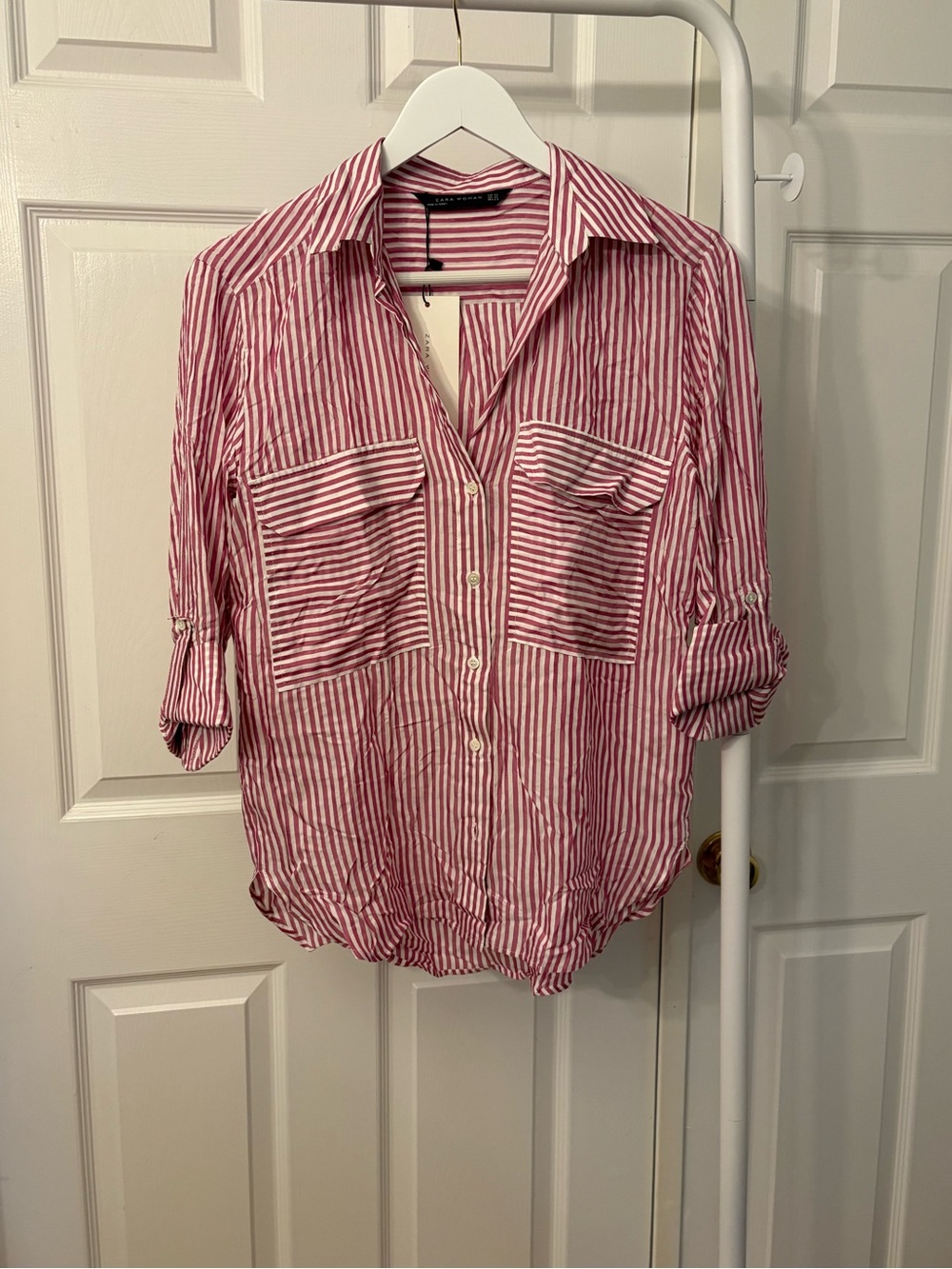 New Zara Red & White Striped Button-Down Shirt Size Extra Small
